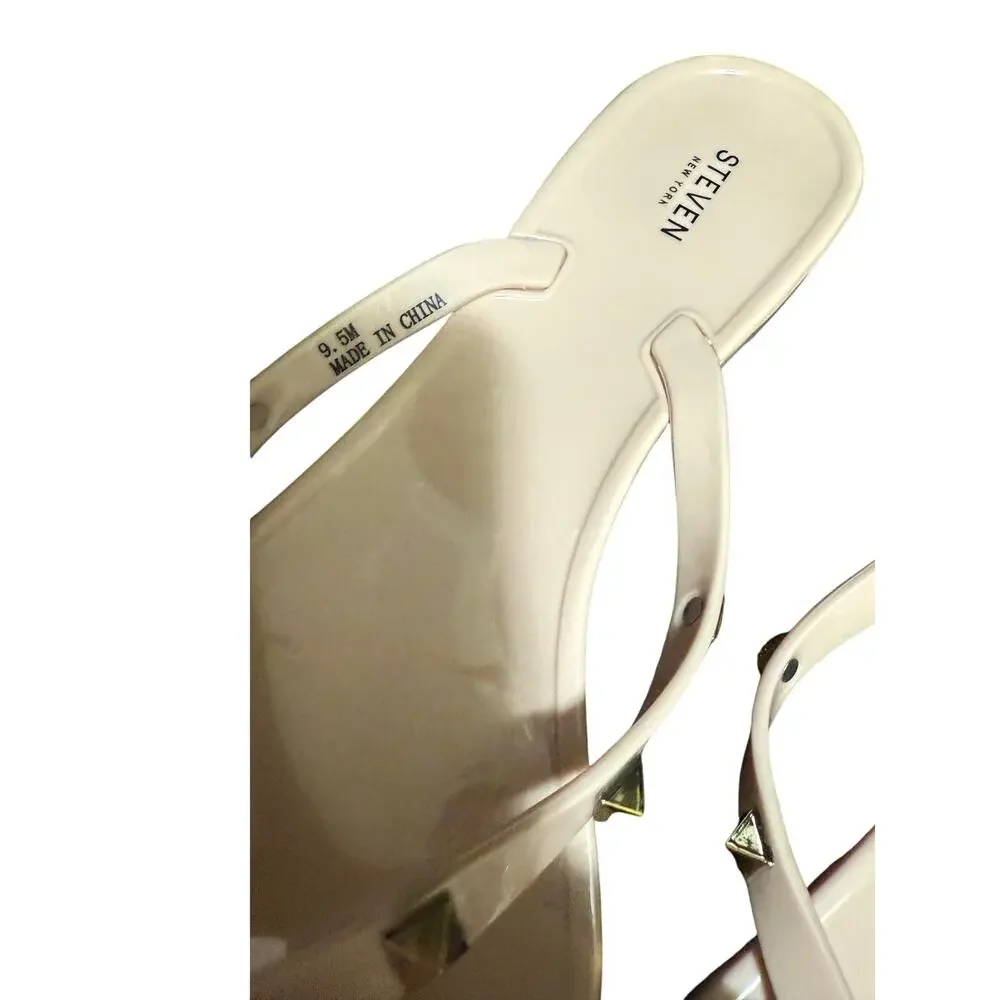 Steven New York Cream & Gold Studded Flip Flops - Size 9.5